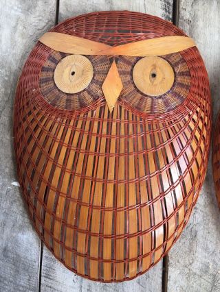 Vtg Hand Woven Basket Wall Hanging Owls Set/2 12.  5” X 9” 13.  5” X 10” Natural Red 3