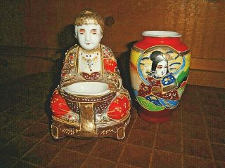 Vintage Sitting Buddha Japan Moriage Porcelain Incense Burner W Matching Vase