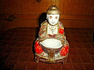 Vintage Sitting Buddha Japan Moriage Porcelain Incense Burner w Matching Vase 2