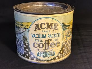 Vintage Acme Brand Coffee Tin Can Advertising Collectible Graphics W/ Lid
