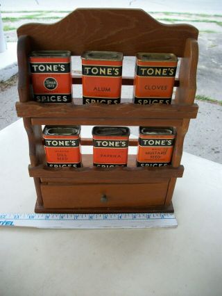 Vintage Wooden Shelf Spice Rack With Six (6) Vintage Tones Tins And Drawer