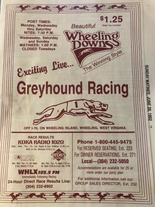 Wheeling Downs Greyhound Program 1992 Season