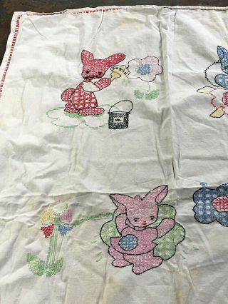 Vtg Baby Crib Coverlet Sheet Hand Embroidered Gingham Bunny Rabbit 38 " X 54 "