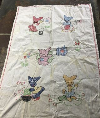 Vtg Baby Crib Coverlet Sheet Hand Embroidered Gingham Bunny Rabbit 38 