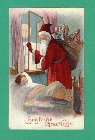 Vintage Signed Christmas Postcard Santa Claus Sack Toys Boy Asleep Bed Stocking