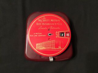 Vtg Mechanic Savings Bank Of Security Mut Life Ins Add - A - Coin Red Tin Bank W/key