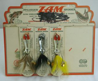 3 Vintage Fishing Lures Pflueger Zam Spinners On Point Of Store Card