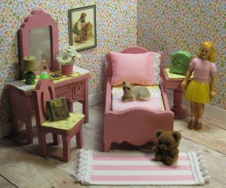 Strombecker Bedroom Set W/ Gerber Doll,  Vintage Wooden Dollhouse Furniture 1:16