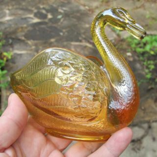 Fenton Amber Antique Carnival Art Glass Swan Pastel Florentine Salt Dip