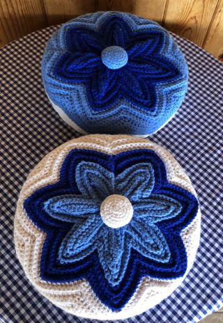 Two Handmade Vintage Crocheted Throw Pillows Decorative 12”blue And White