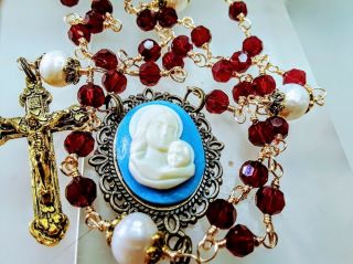 Antiqued Garnet Red Crystal Cream Freshwater Pearl Rosary Swarovski