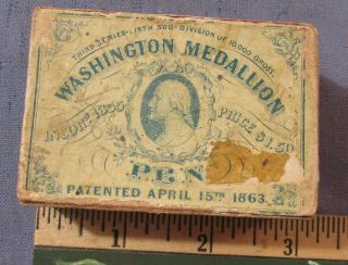 Antique Washington Medallion Pen Nib Box Pat.  1863 Civil War Era No Contents