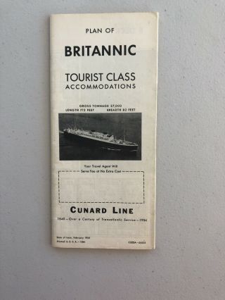 Cunard Line Mv Britannic B&w Tourist Class Deck Plan 2/55