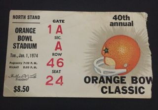 1974 Orange Bowl Ticket Stub Penn State Nittany Lions Vs Lsu Tigers 40th Annual