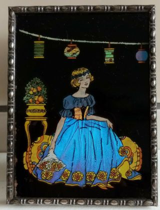 Art Deco Butterfly Wing & Foil Picture - Charming Girl In Party Dress