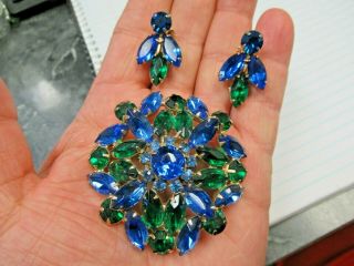 Vintage Juliana Blue & Green Rhinestone Costume Jewelry Brooch & Earrings Set
