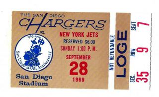 Vintage Sept 28 1969 San Diego Chargers Vs.  York Jets Football Ticket Stub