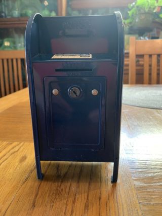 Vintage Usps Mail Box Bank Blue Metal 7 1/4 " United States Post Office
