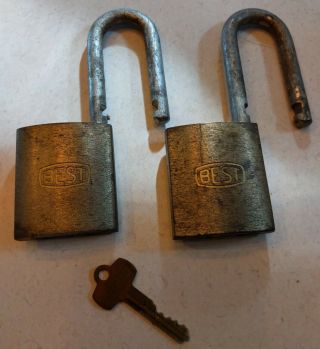 Vintage Pair The Best Lock Co.  Brass & Steel Shank Padlock,  1 Matching Key 1 - 7