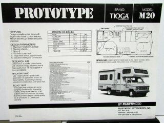 1981 Tioga By Fleetwood Model M20 Prototype Rv Camper Motor Home Data Sheet