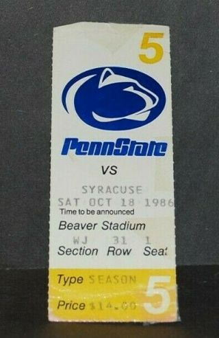 Vintage 1986 Penn State Nittany Lions Football Ticket Stub.  National Champs