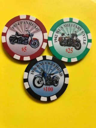 Set Of 3 Harley Davidson Motorcycle Full Color Poker Chips