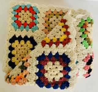 Vintage Handmade Crochet Granny Squares Afghan Throw Blanket Multicolor White L