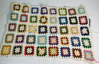 Vintage Handmade Crochet Granny Squares Afghan Throw Blanket MultiColor White L 2