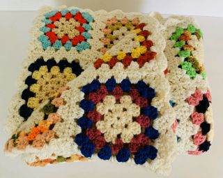 Vintage Handmade Crochet Granny Squares Afghan Throw Blanket MultiColor White L 3