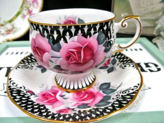 Rosina Tea Cup And Saucer Huge Cabbage Pink Rose Pattern Teacup Black Lace 1940s
