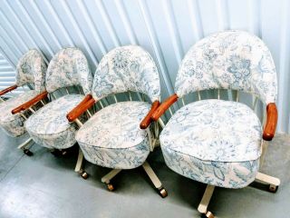 Antique Dining Chairs Set Of 4 On Rollers,  Blue And White Flower Pattern.