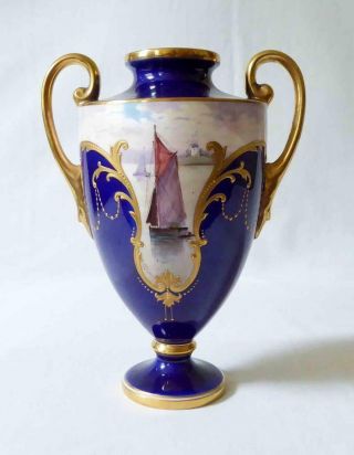 Fine Quality Antique 19th C Minton Porcelain Vase Painted With Boats Signed