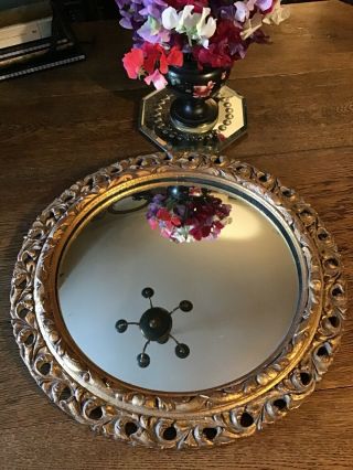 Vintage Giltwood Convex Carved Wooden Frame Circular Wall Mirror