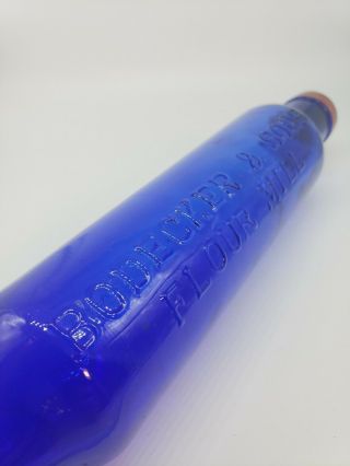 Vintage Blue Glass Rolling Pin Embossed With Bodecker & Sons Flour Co Cobalt