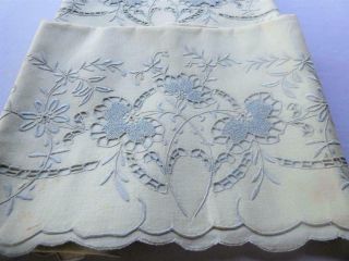 Pair Vintage Blue Floss Embroidery W Seed Stitches & Cut Work Pillowcases