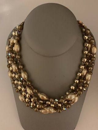 Vintage Signed Coro 5 - Strand Aurora Borealis Gold Tone Beaded Necklace Gorgeous