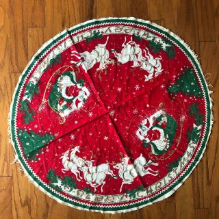 Vintage Merry Christmas Round Table Cloth Santa Sleigh Reindeer Linen 34 "
