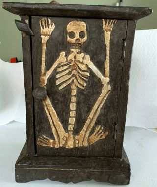 Antique? Wooden Box Hand Carved Skeleton Vintage? 11 1/2 " X 7 3/4 " Folk Art