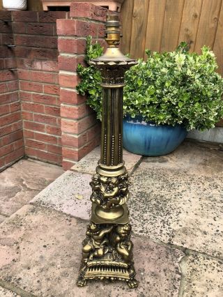 Large Antique Vintage Spelter Brass Heavy Cherubs Figure / Column Lamp Base
