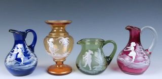 4pc Antique Bohemian Mary Gregory Glass Enameled Vase Jug Cobalt Cranberry Amber