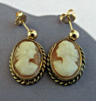 Antique Vintage 14k Yellow Gold Oval Carved Shell Cameo Pierced Dangle Earrings