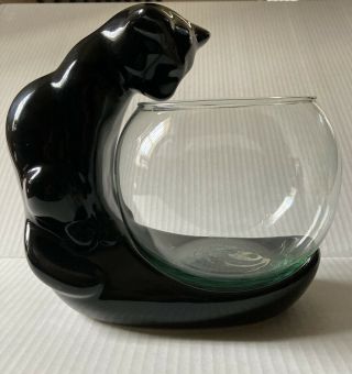 Vintage Haeger Ceramic Black Cat And Glass Fish Bowl