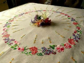 Vintage Hand Embroidered Tablecloth - Stunning Circle Of Pink & Lilac Flowers
