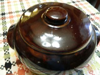 Vintage Brown Glazed Bean Pot Usa Crock Stoneware With Lid Doubled Handled
