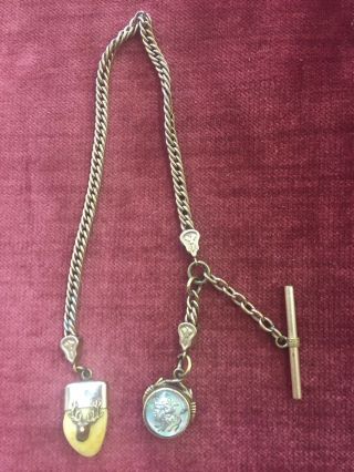 Antique Gold Filled Pocket Watch Chain 1890s.  Elks Club Tooth Fob