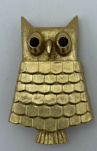 Vintage Avon Owl Solid Perfume Locket Brooch Pin Red Rhinestone Eyes Gold Tone