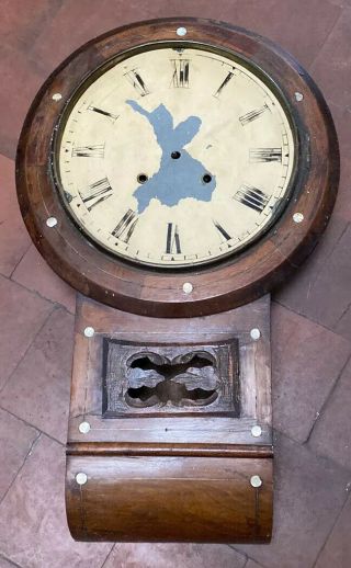Large Old Cased Wall Clock Spares Or Repairs