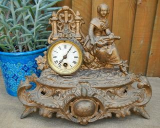 Antique 19th C Gilt Spelter Ornate French Seated Lady Figural Mantel Clock