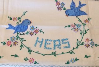 Pair Vintage Pillowcases/liquid Embroidery/“his & Hers” Motif/machine Trimmed