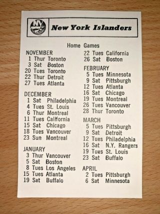 1972 - 73 York Islanders Nhl Roster Schedule Card